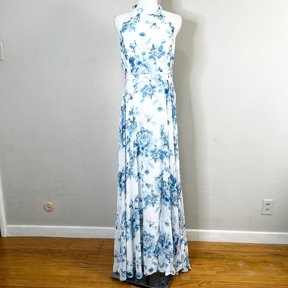 Dessy Collection 3082 Chiffon Floral Halter Neck Backless Maxi‎ Dress Size 14